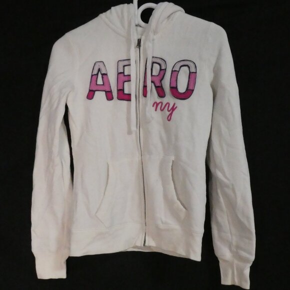 AEROPOSTALE | small | White Zip-Up Hooded Sweatshirt | Bold Aero NY Print Front - Picture 1 of 15